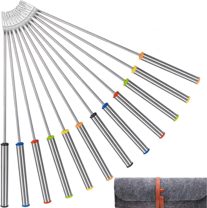 12 Pcs 9.5 Inch Fondue Forks with Heat Resistant Handle Stainless Steel Fondue Sticks for Cheese Pot Chocolate Roast Marshmallows Meat