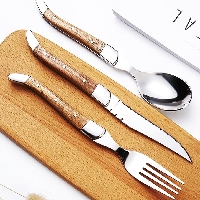 6 Piece Silverware Set, Flatware Set for 2, 1810 Stainless Steel Tableware Cutlery Set With Golden teak wood handle, Utensil Sets for Kitchen,Dishwasher Safe (6pcs)