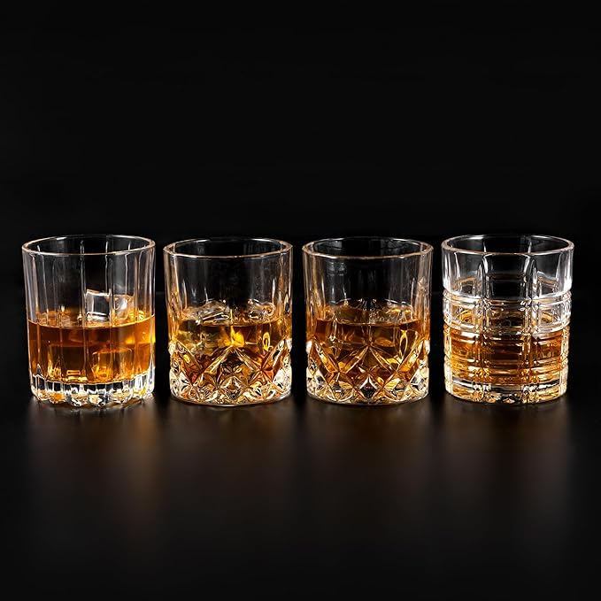 KANARS Old Fashioned Whiskey Glasses - Multi Designs Bourbon Glass 10 oz with Luxury Box - Ultra Clear Crystal Rocks Barware for Scotch, Irish Whisky, Rum and Cocktail - Set of 4