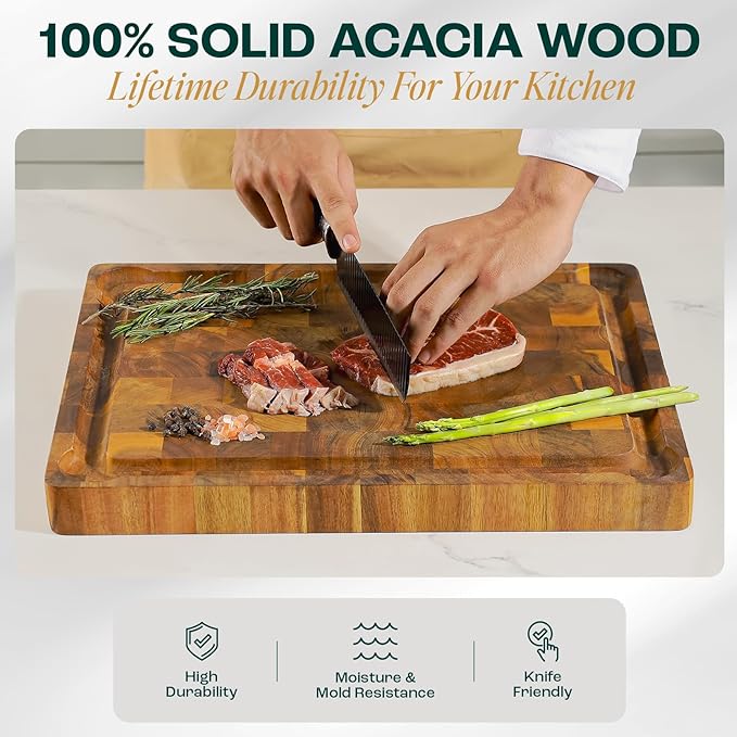 Yes4All Durable Acacia Cutting Boards for Kitchen, [20''Lx15''Wx1.5” Thick] Large End Grain Cutting Board, Pre Oiled Wood Cutting Boards, Thick Chopping Board w/Juice Grooves and Easy Grip Handle