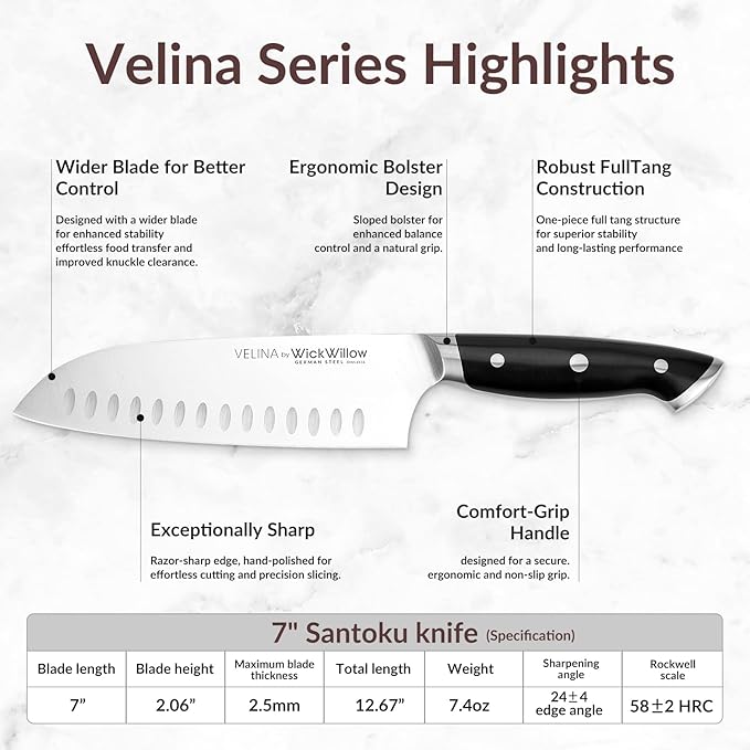 7” Santoku Knife – Razor Sharp German Steel DIN1.4116 – Japanese-Style Vegetable Knife for Chopping, Slicing & Mincing – Full Tang & Ergonomic Handle – Chefs kitchen Knife – Gift Box – Velina series
