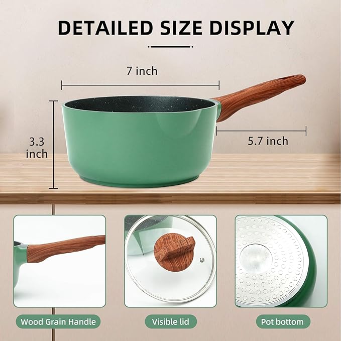 2 Quart Nonstick Saucepan with Lid, Non Stick Ceramic Saucepan Pot for Cooking with Pour Spout and Handle for Stove, Induction, Gas, Non Toxic, PFOA Free (Green with Black Inside, 1 PCS)