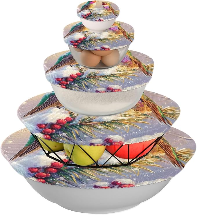 5 Pcs Bowl Covers Reusable in 5 Size Elastic Food Cover Cloth Lids Fresh Keeping Dish Cookware Bakeware Fabric Covers Lids for Food Leftovers Fruits Storage Winter Hummingbirds and Pine Tre