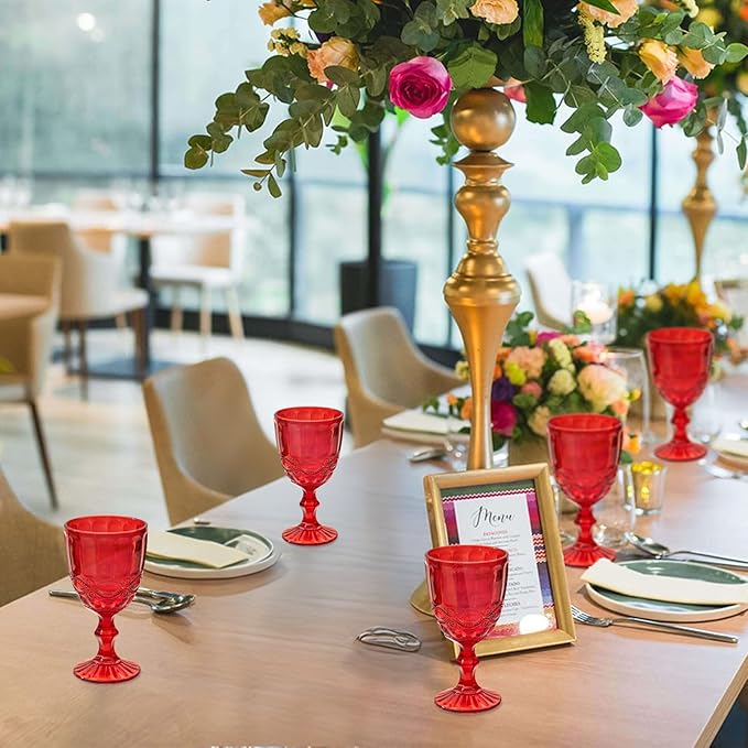 24 Pcs Vintage Wine Glasses, 10 Ounces Colored Glass Water Goblets, Unique Embossed Pattern High Clear Stemmed Glassware Wedding Party Bar Glass Drinking Cups, Floral Red Glasses Set of 24