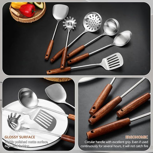 304 Stainless Steel Kitchen Utensils Set, 6 Pcs Long Cooking Utensils Set with Wooden Handle, Large Heat Resistant Kitchen Tools(Dishwasher Safe)