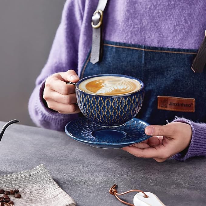 Vintage Design 12 oz Ceramic Latte Art Cappuccino Barista Cup with Saucer (Embossed Blue)