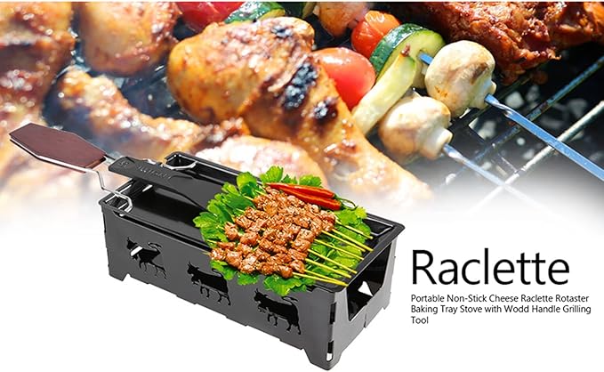 Non-Stick Cheese Raclette, Portable Candlelight Cheese Raclett, Cheese Melter Pan with Foldable Wood Handle, Rotaster Baking Tray Stove Set