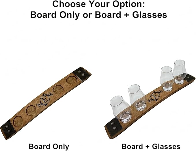 Personalized Premium 4 Glass Whiskey Flight/Engraved Center/Personalized Gift/Crystal Glass Option/Natural Oak Color (Circle Flourish)