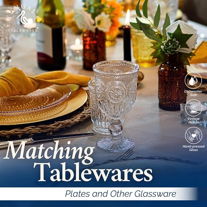 Yungala Vintage Wine Glasses,Set of 6 Glass Goblets for Water, Wine or Cocktails - Fancy Wine Glasses with a retro vibe. Sunflower Embossed Design on sturdy dishwasher-safe glasses.