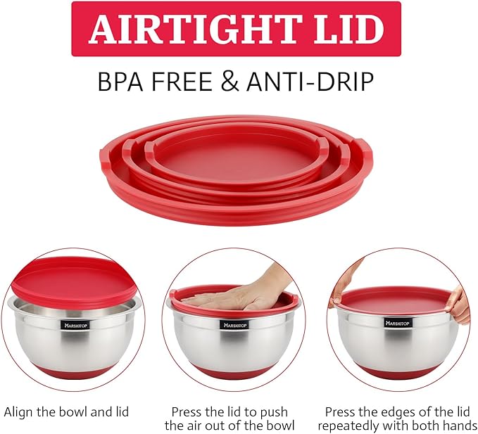 MARSKITOP Stainless Steel Mixing Bowls with Lids Set, Nesting Mixing Bowls with Airtight Lids, Measurement Marks and Red Non-Slip Bottoms, Great for Mixing and Serving, 1.5QT & 3QT & 5QT