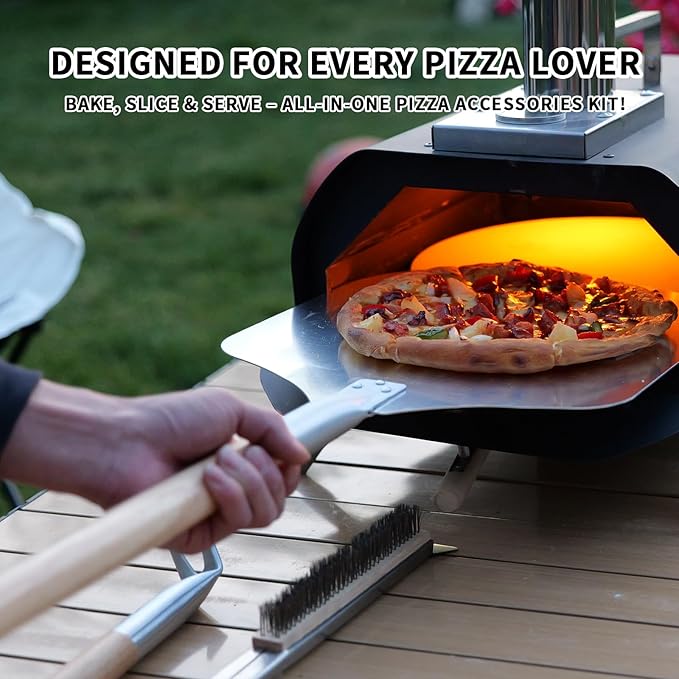 7PCS Pizza Oven Accessories Kit – Premium Pizza Making Tools Set for Home & Outdoor Ovens – Includes Pizza Peel, Oven Brush, Bubble Popper Turner, Rocker Cutter, Dough Roller & Scraper