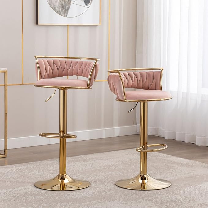 LukeAlon Velvet Adjustable Barstools Set of 4, Modern 360° Swivel Counter Stools with Golden Base Upholstered Open Back Tall Bar Chairs with Footrest for Home Kitchen, Pink