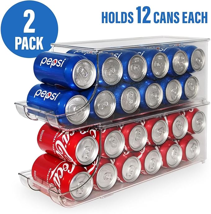 Soda Can Organizer with Lids, Stackable Soda Can Dispenser for Refrigerator, Clear Can Holder Organization and Storage Bins for Fridge, Kitchen, Countertop, Drink Pantry Organizers, Holds 12 Cans Each