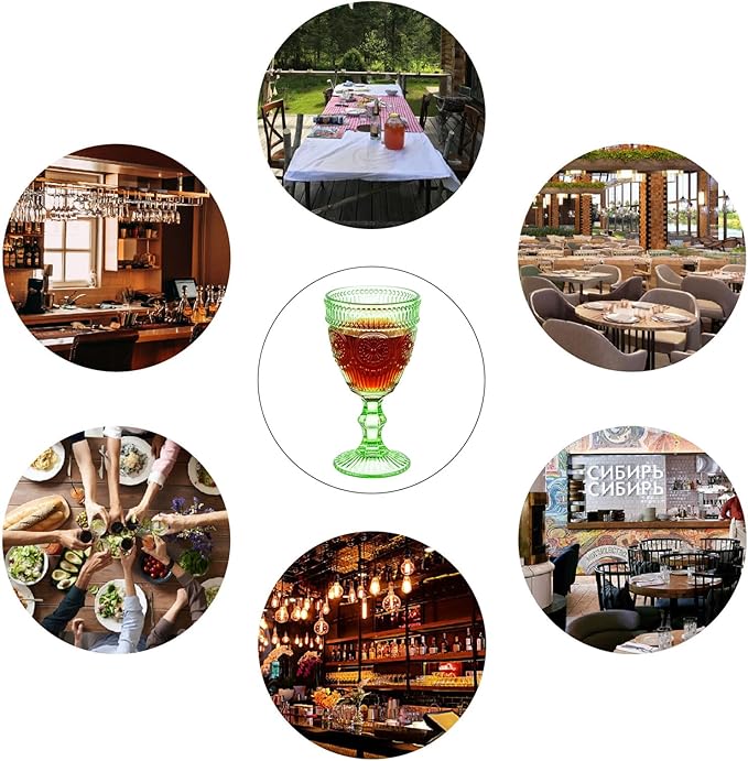 Green Vintage Wine Glasses Set of 6, 10 Ounces Colored Glass Water Goblets, Unique Floral Embossed Pattern High Clear Stemmed Glassware Wedding Party Bar Drinking Cups Fancy Glasses Hand Wash Only