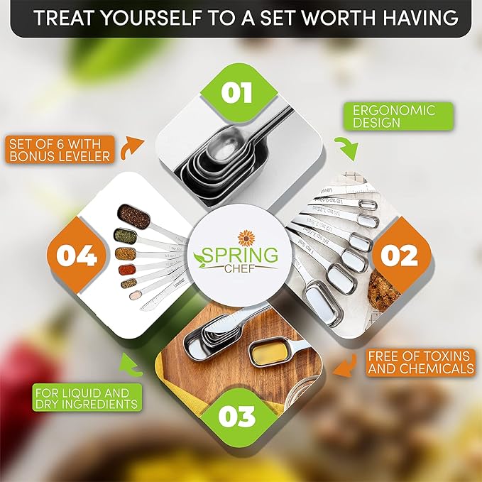 Spring Chef Stainless Steel Measuring Spoons Set of 7 with Leveler, Rectangular Metal Teaspoon & Tablespoon Measuring Spoons for Dry & Liquid Ingredients - Nesting Kitchen Gadgets For Baking & Cooking