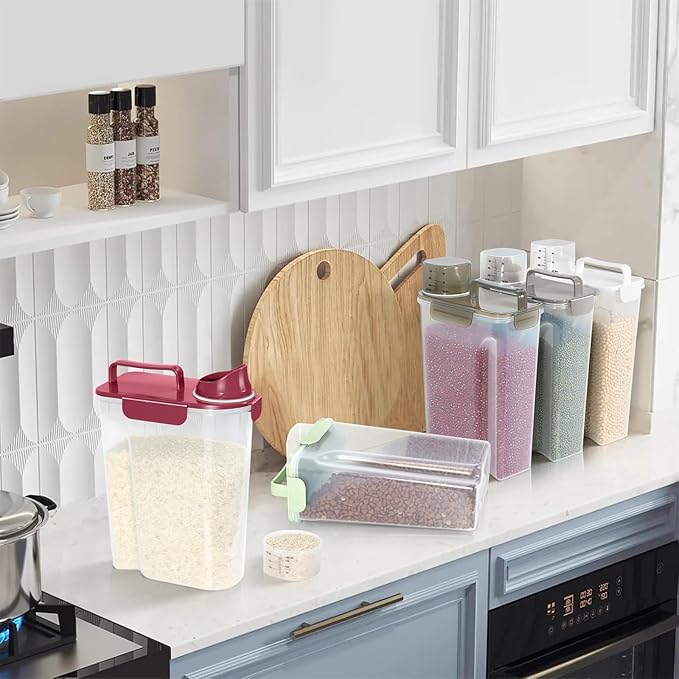 5-7Lbs Dog Cat Food Storage Container with Upgraded Large Nozzle BPA-free, 4 Snap Seals Plastic Pet Food Storage Containers with Handles (1, Elegant Red, 5L)