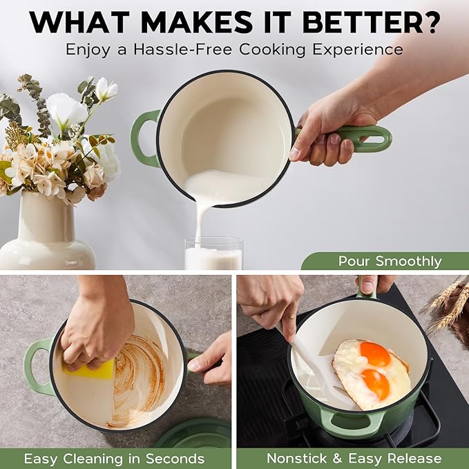 Onader 1QT Enameled Cast Iron Saucepan with Lid, Small Sauce Pan, Enamel Cast Iron Dutch Oven Cooking Kitchen Pot, Nonstick & Heavy Duty – Pistachio Green