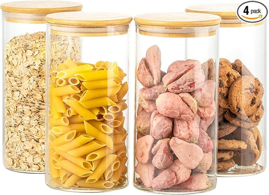 4 Pack 42oz Glass Jars with Bamboo Lids,Glass Storage Containers with Lids,Clear Airtight Food Storage Jar for Flour,Oat,Coffee,Tea,Sugar,Cookies,Pantry Organizers 3mm Thick Canisters