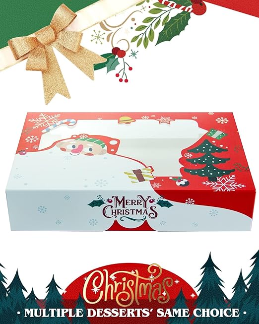 qiqee Christmas Cookie Boxes for Gift Giving 8x5.3x2 inch 50Packs Christmas Bakery Box with Window Treat Box for Donuts Candies and Biscuit