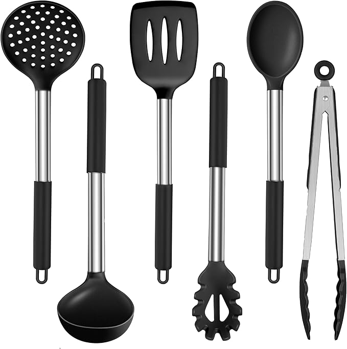 LIANYU Kitchen Utensils Set of 6, Silicone Cooking Utensils Set for Nonstick Cookware, Heat Resistant Kitchen Spatula Gadgets Tools, Stainless Steel Handle, Black