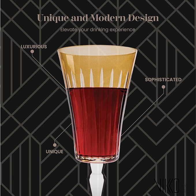 Vikko Water Glasses, Elegant Goblet with Stem, Timeless Collection 13 Ounce Unique Glass Cup for Fine Dining, Set of 4 Amber Glasses, Dishwasher Safe