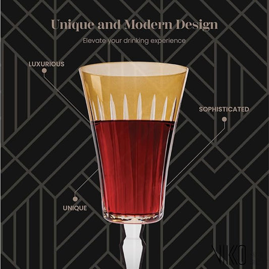 Vikko Water Glasses, Elegant Goblet with Stem, Timeless Collection 13 Ounce Unique Glass Cup for Fine Dining, Set of 4 Amber Glasses, Dishwasher Safe