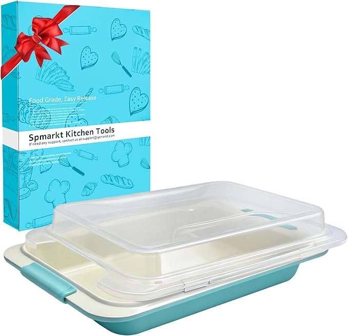 13x9 Inch Heavy-Duty Baking Pan with Lid, Nonstick Rectangular Cake Pan with Silicone Grip Handles and Snap-On Cover, Durable Lasagna Pan for Brownies, Casseroles, Parties & Potlucks