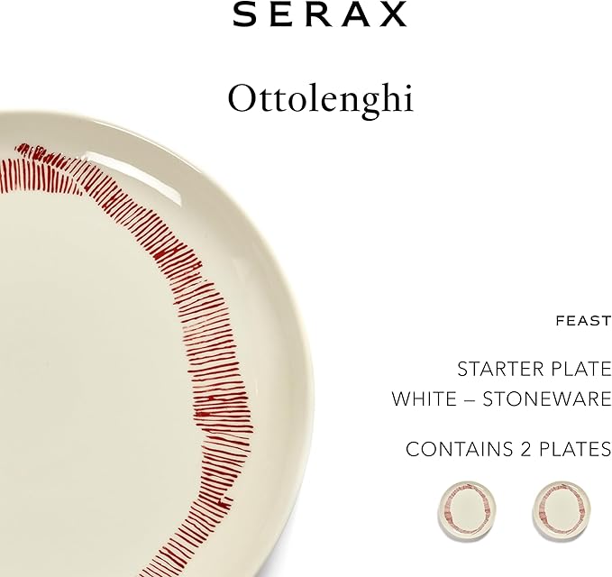 Appetizer Plate | Feast tableware by Ottolenghi | 2 Starter Plates | Stoneware Dinnerware Set in white red | luxury Dishware Set for Dinner at Home, Party, Christmas | Kitchen Sets