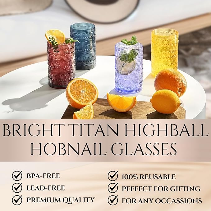 Khen Plastic Hobnail Drinking Highball Glasses Set of 6 Bright Tones Cups 14oz, Shatterproof & Unbreakable Acrylic Beaded Design, BPA-Free, Dishwasher Safe Indoor/Outdoor Drinkware Water, Cocktails
