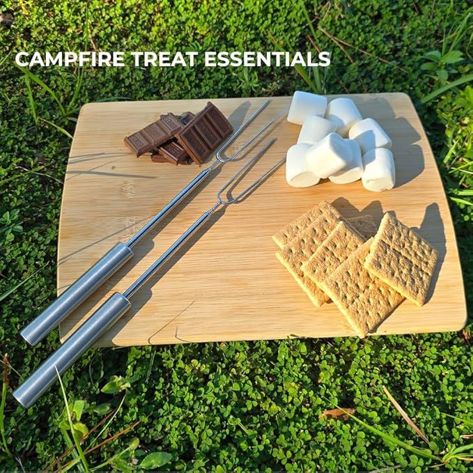 Smores Sticks For Fire Pit [All-Stainless Steel Set Of 6] -Marshmallow Roasting Sticks For Campfire, Telescoping S'mores Forks -Long Hot Dog Sticks [Dishwasher-Safe] - SUMPRI Campfire Skewers