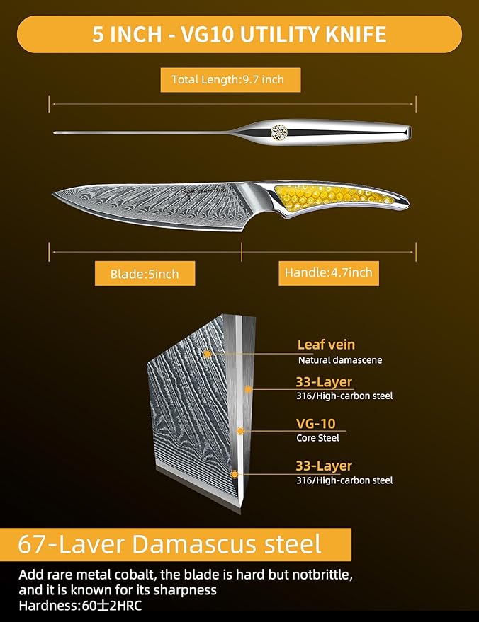 5 inch Utility Knife, Japanese VG-10 Damascus Steel Kitchen Knife, Ultra Sharp Fruit Knife with Full-tang Handle in Yellow Resin, LA-S9 Series
