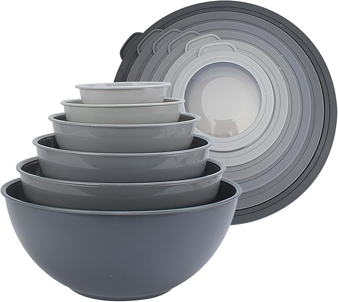 COOK WITH COLOR Mixing Bowls Set with TPR Lids - 12 Piece Plastic Nesting Bowls Set includes 6 Prep Bowls and 6 Lids, Microwave Safe (Grey)