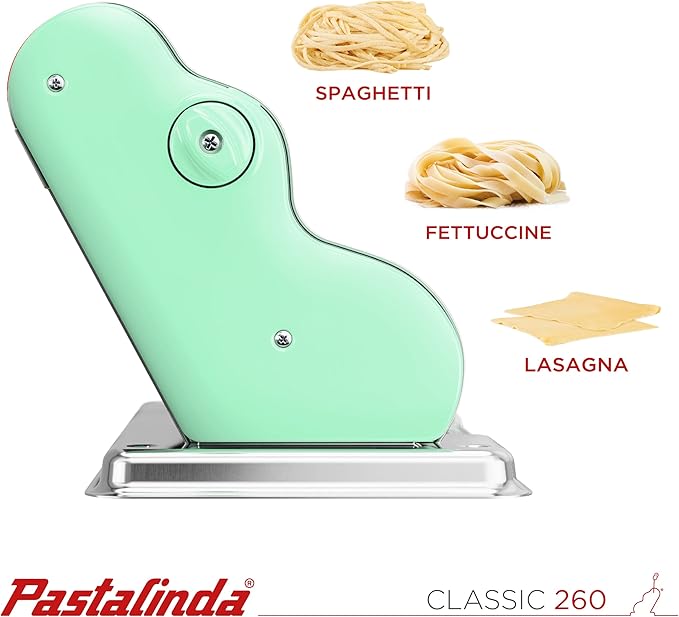 PASTALINDA Classic 260 Pasta Maker Machine, 26 cm Wide Rollers, 9 Thickness Positions, 2 Cutting Positions, Stainless Steel. Includes Reinforced Hand Crank And Two Clamps (Pastel Green)