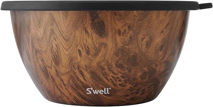S'well Stainless Steel Salad Bowl Kit XL 184oz, Teakwood, Includes 5oz Canister For Dressing, Serving Utensils, and Removable Tray, Leakproof, Easy to Clean, Dishwasher and Refrigerator Safe
