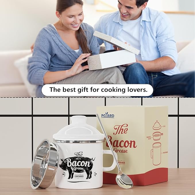 PGYARD Mini Bacon Grease Container With Strainer - 15OZ Enamel Grease Saver, Farmhouse Bacon Grease Keeper For Kitchen Fat Storage, Dishwasher Safe-White