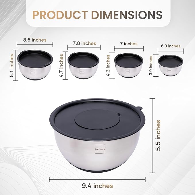 Stainless Steel Mixing Bowls Set of 5, Large Nesting Bowls with Airtight Lids for Food Prep, Cooking, Baking, Salad, and Outdoor Dining (Black, 5 Pcs)