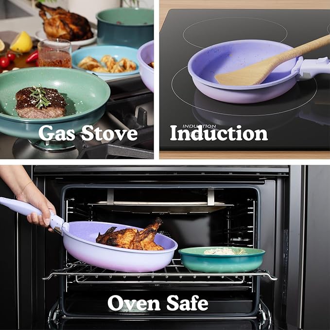 Ombré Titanium Ceramic Cookware Set Non Toxic – 8 Pcs Non Stick Pots and Pans Set with Removable Handles, Magnetic Lid & Wooden Spatula for Cooking – Oven & Dishwasher Safe (Lavender)