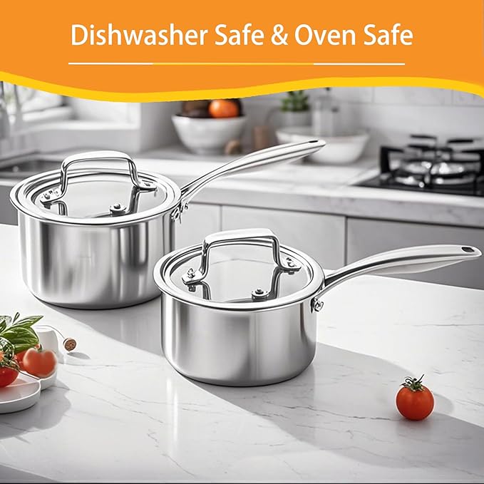 2.5 Quart Triple Stainless Steel Saucepan with Lid, Ramen Pot with Clear Glass Cover, Small Sauce Pan for Cooking Oatmeal, Induction-Ready, Dishwasher-Safe, Suitable for All Stoves