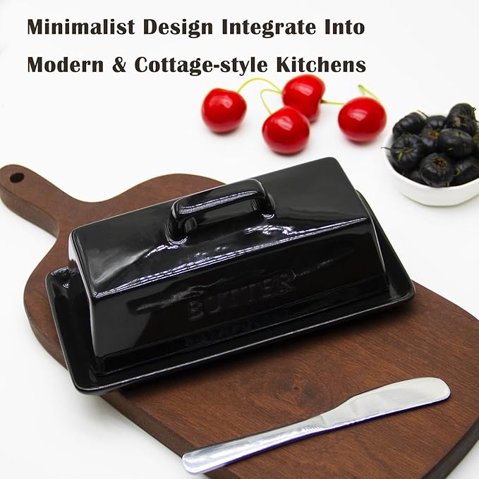 Ceramic Butter Dish With Lid for Countertop, Covered Butter Container, Large Butter Holder With Lid, Butter Tray With Handle Black