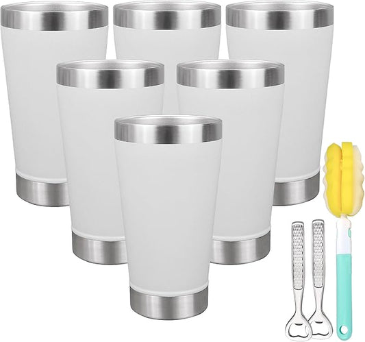 16 oz Insulated Beer Glasses Set of 6, Stacking Beer Pint Glass, Beer Tumbler Outdoor, Stainless Steel Double Walled Cup, White, Ideal for Wine Lover, Coffee, Cocktail