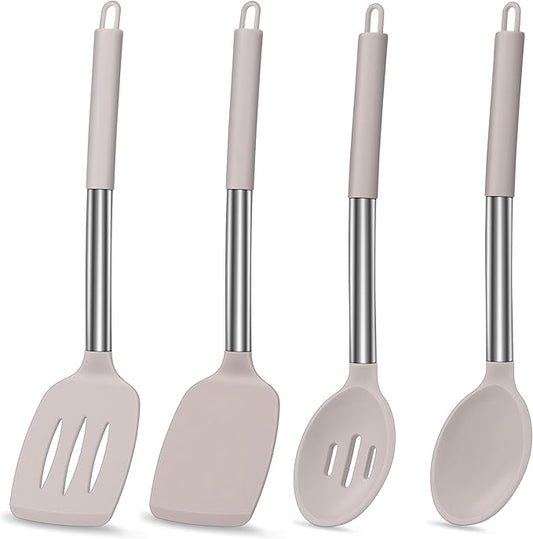 LIANYU 4Pcs Kitchen Utensils Set, Silicone Cooking Utensil Spatula Set, Heat Resistant Kitchen Tools for Nonstick Cookware, Stainless Steel Handle, Dishwasher Safe, Khaki