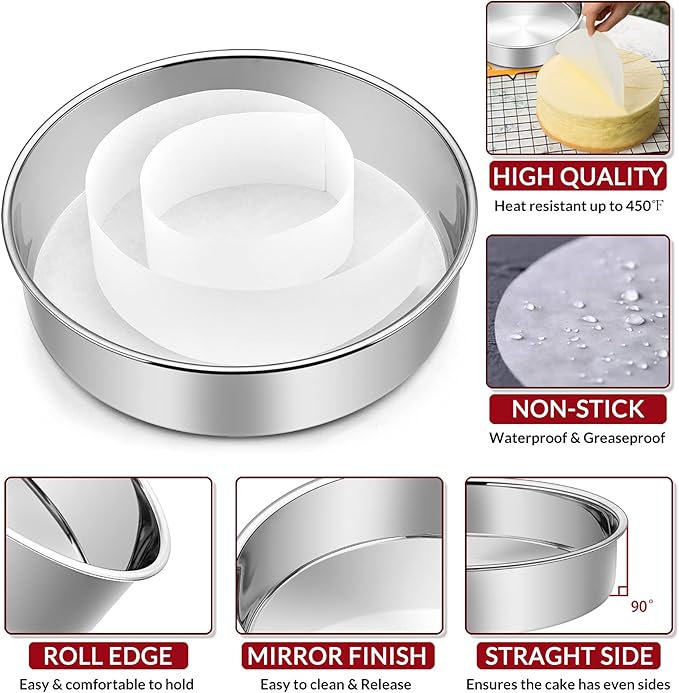 8 Inch Cake Pan Set of 2, E-Far Stainless Steel Round Layer Cake Baking Pans with Parchment Rounds & Side Liner Roll, Non-Toxic & Healthy Metal Cakes Tin, Straight Side & Dishwasher Safe