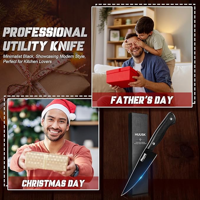 Huusk Japanese Kitchen Utility Knife 5.7in - Titanium Coating Blade Small Kitchen Knife, Sharp Mini Chef Knives for All Purpose, High Carbon Stainless Small Chef Knifes, Fathers' Day Gifts