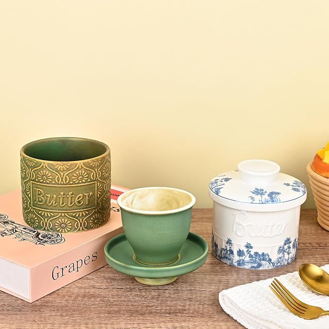 Butter Crock, Ceramic French Butter Dish with Lid for Countertop, Butter Keeper with Water Line for Fresh Spreadable Butter (Vintage Green)