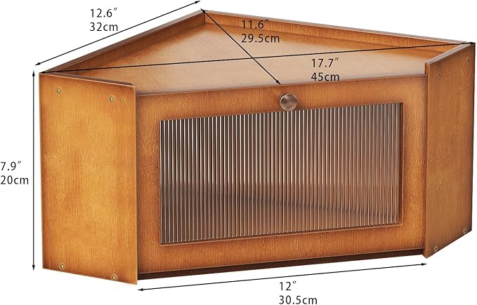 Corner Bamboo Bread Box for Kitchen Counter Large Capacity Rustic Bread Storage Container with Wavy Arcylic Transparent Door Vintage Storage for Homemade Bread (Brown)