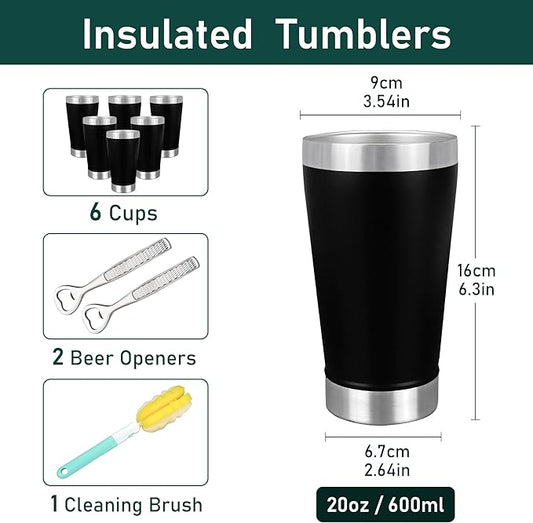 16 oz Insulated Pint Glasses Set of 6, Double Walled Cup Stainless Steel, Cold Drinking Stacking Tumbler, Black, Ideal for Beer Lover, Coffee, Cocktail