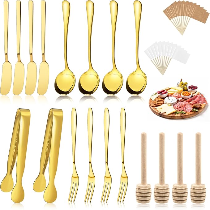38 Pcs Charcuterie Boards Accessories, Gold Stainless Steel Charcuterie Utensils Set, Including Cheese Butter Spreader, Mini Serving Tongs, Knives, Spoons, Forks, Honey Dippers and Toothpick Flags