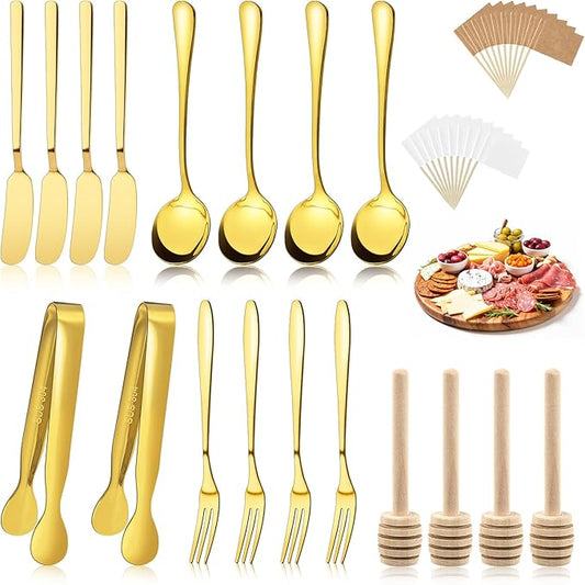 38 Pcs Charcuterie Boards Accessories, Gold Stainless Steel Charcuterie Utensils Set, Including Cheese Butter Spreader, Mini Serving Tongs, Knives, Spoons, Forks, Honey Dippers and Toothpick Flags