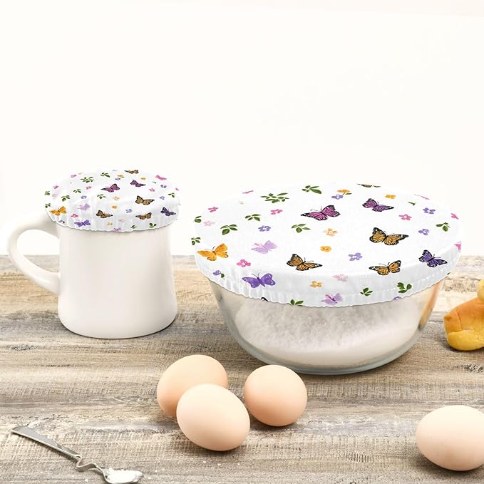 5 Pcs Bowl Covers Reusable in 5 Size Elastic Food Cover Cloth Lids Fresh Keeping Dish Cookware Bakeware Fabric Covers Lids for Food Leftovers Fruits Storage Pretty Butterfly Flower