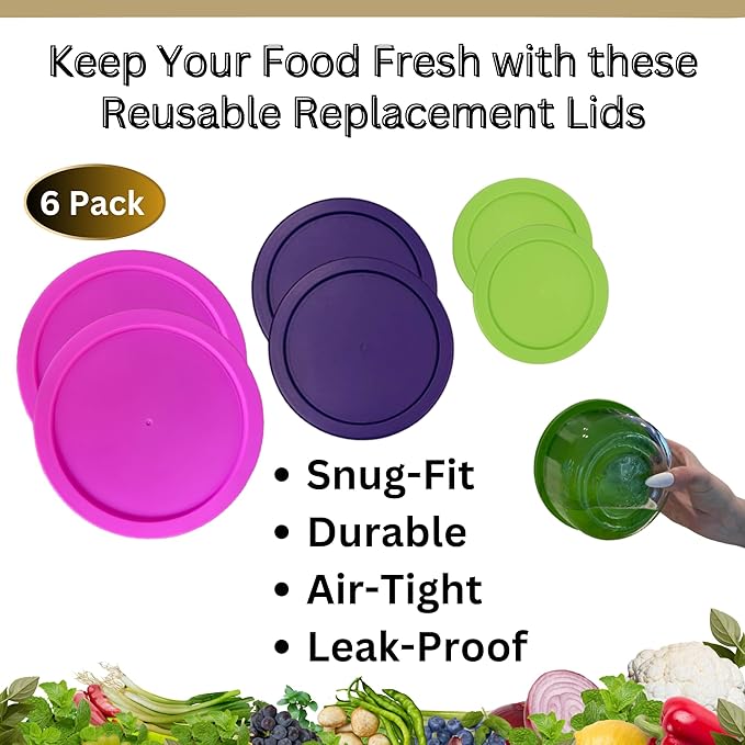 2, 4 & 7 Cup Spring Green, Purple, Pink Replacement Lids/Covers for Pyrex, Anchor Hocking & KlareWare Storage Bowls *Lids Only Glass Container Not Included* (6 Pack *Two of Each Size*)